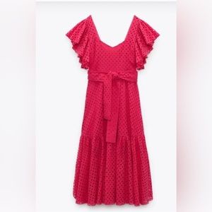 Zara Pink Eyelet Maxi Dress with Tie - Size XS